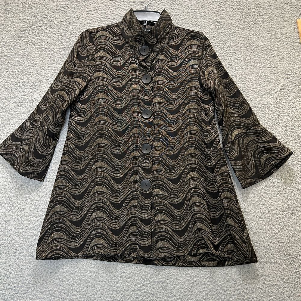 Ali Miles Tunic Top Womens XS Black Gold Metallic Wave Bell Sleeve Oversized Fit